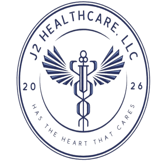 J2 Healthcare, LLC logo — a winged caduceus seal